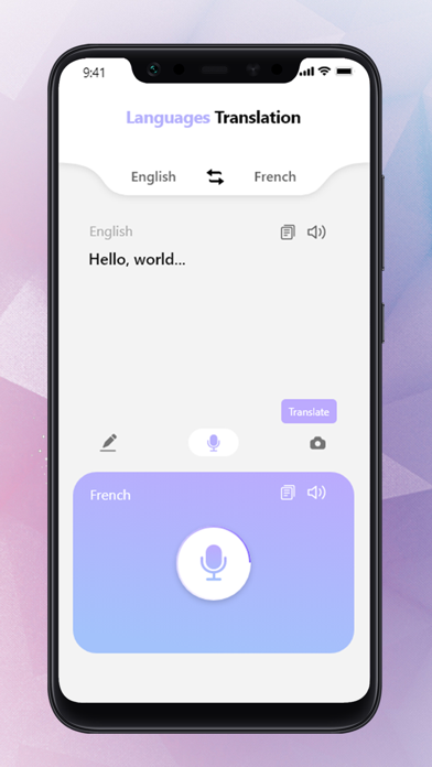 Language Translate voice translation screen on an iPhone